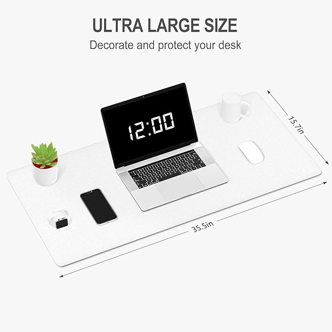 Auhoahsil Felt Desk Mat, Minimalist Large Mouse Pad XXL 35.5 x 15.7 in, Desk Matt for Desktop, Keyboard, Laptop, Computer, Office, Work from Home, Gaming, White