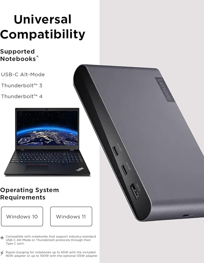Lenovo Docking Station USB-C Universal Business Dock – Dual Display (1 DP 1.4 & 1 HDMI 2.0) – 65W Charging for Laptop (90W Power Adapter Included) – 3X USB-A & 2X USB-C Ports (Renewed)