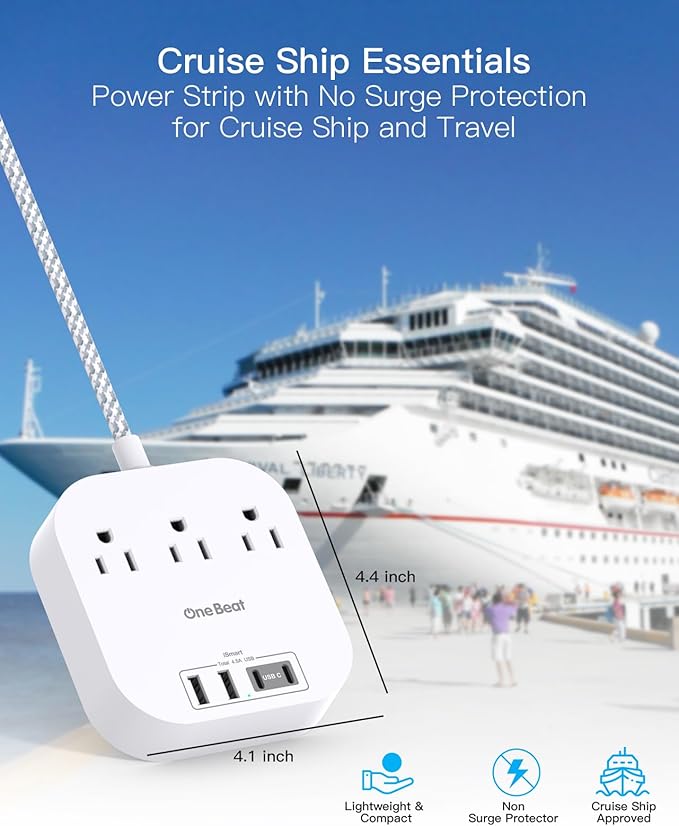 One Beat Power Strip with USB C, 3 Outlets 4 USB Ports (22.5W/4.5A) Desktop Charging Station, Flat Plug, 5ft Braided Extension Cord, Non Surge Protector for Travel, Cruise Ship, ETL Listed (Pack of 2)