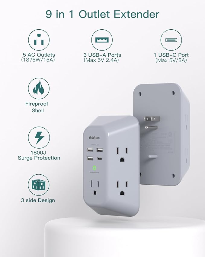 Addtam Surge Protector Outlet Extender, Multi Plug Wall Outlet with 4 USB Ports(1 USB-C), 3-Sided 1800J Power Strip Plug Extension Outlet Splitter, Gray