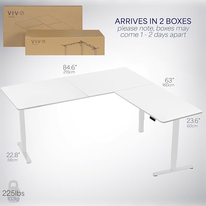 VIVO Corner Standing Desk, 84 x 63 inch Reversible L-Shaped Workstation, Electric Height Adjustment, Home, Office, and Reception Rooms, White Table Top White Frame, DESK-E3CTWW-84