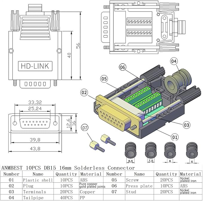 10PCS DB15 Solderless Connector, RS232 D-SUB Serial to 15-pin Port 16mm Thinner Terminal Female Adapter Breakout Board with Case Long Bolts Nuts
