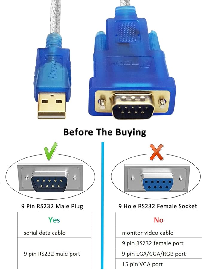 DTECH USB to Serial Adapter Cable RS232 DB9 Male Port with FTDI FT232RL Chipset Supports Windows 11 10 8 7 and Mac Linux (1.5 Feet)