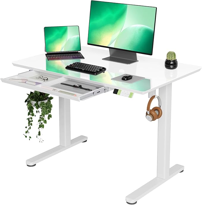 INNOVAR Glass Standing Desk with Drawers, 40×24 Inch Adjustable Stand Up Desk Quick Install Home Office Computer Desk, Super White
