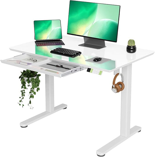 INNOVAR Glass Standing Desk with Drawers, 40×24 Inch Adjustable Stand Up Desk Quick Install Home Office Computer Desk, Super White