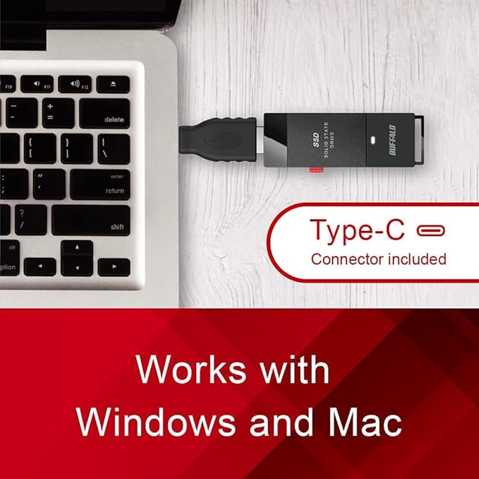 BUFFALO External SSD 1TB - Up to 600MB/s - USB-C - USB-A - USB 3.2 Gen 2 (Compatible with PS4 / PS5 / Windows/Mac) - External Solid State Drive Stick - ‎‎SSD-PUT1.0U3B
