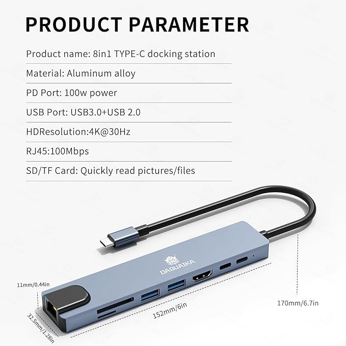 8 in 1 USB C HUB,USB C Multiport Adapter with 4K HDMI, PD100W, USB C Port,USB 3.0,USB 2.0, RJ45 Ethernet, SD/TF Card Reader, Docking Station Compatible with MacBook Pro/Air/Laptops/Dell XPS/iPad