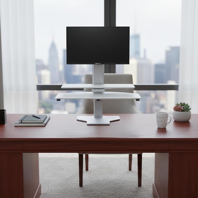 PERFECT POSTURE Sit2Stand Standing Desk Converter with Single Monitor Mount - 18” Height Adjustable Sit-Stand Workstation - Silver/White