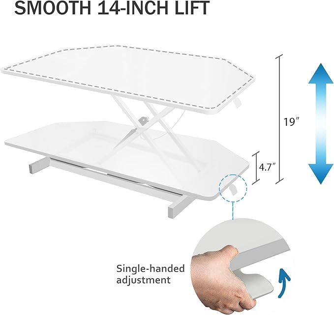 Aconcept 38 inch White Corner Height Adjustable Standing Desk Converter, One-Click Sit to Stand up Desk Riser, Pre-Assembled for Dual Monitor and Laptop Workstation