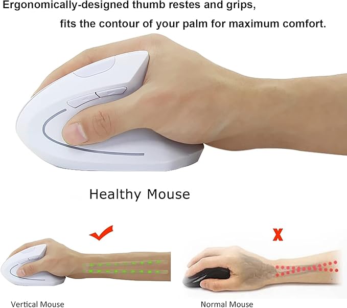 Vertical Mouse, 2.4G Wireless Ergonomic Optical Mouse 800/1200 /1600 DPI 6 Buttons Right Handed Gaming Mice for Laptop, Desktop, PC, MacBook (White)