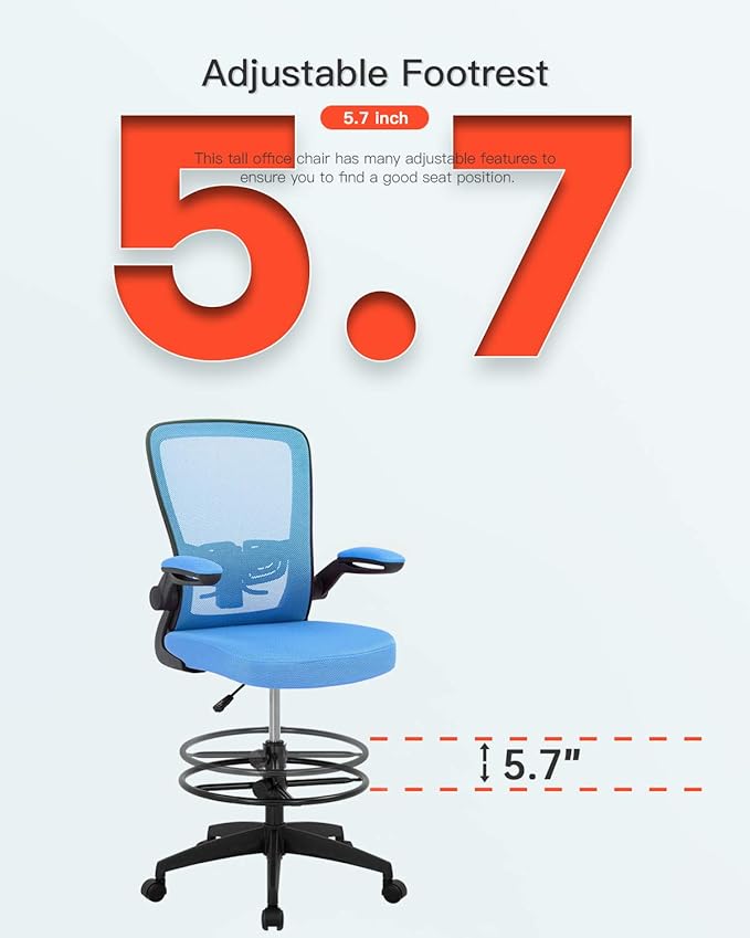 BestOffice Drafting Chair Tall Office Chair Adjustable Height with Lumbar Support Arms Footrest Mid Back Standing Desk Chair Swivel Rolling Mesh Computer Chair Standing Desk Drafting Stool Blue