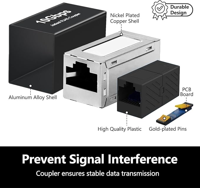 Jadaol [UL Listed] RJ45 Coupler 10Gbps Shielded, Gold-Plated Contacts, Aluminum Alloy Inline Ethernet Extender, PoE Supported Female-to-Female Adapter for Cat8/Cat7/Cat6a/Cat6 Cables, 3-Pack Black