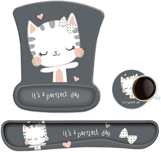 ToLuLu Keyboard Mouse Pad Wrist Rest, Gel Ergonomic Mouse Pads for Computer Laptop Office Home, Comfortable Mousepad Keyboard Wrist Support Memory Foam for Easy Typing Pain Relief, Cute Cat