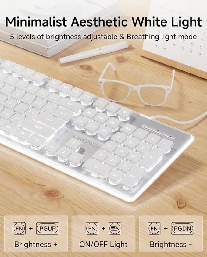 EWEADN GX710S Backlit Computer Keyboards, Wired USB Keyboard with White Backlit, Metal Panel, Plug and Play, Pudding Keycaps Full Size Quite Computer Keyboard for Win/PC/Laptop-White