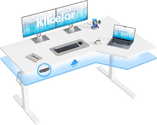 Klicelor 55 Inch L Shaped Standing Desk, Adjustable Height Corner Desk for Home Office Workstation, Sit Stand Desk with Two-Piece Desktop, White