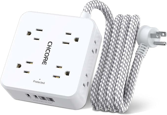 Surge Protector Power Strip - CHCORE 6Ft Braided Extension Cord with 8 Outlets with 4 USB (2 USB C) Charging Ports, Flat Plug Multi Plug Outlet Extender Charging Station for Home Office, ETL, White