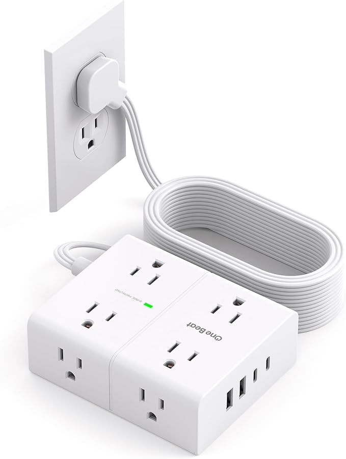10Ft Extension Cord with Multiple Outlets, Flat Plug Surge Protector Power Strip 10 Ft Long Cord, 8 Outlets & 4 USB Ports (2 USB C), 900J Desk Charging Station for Home Office, College Dorm Essentials