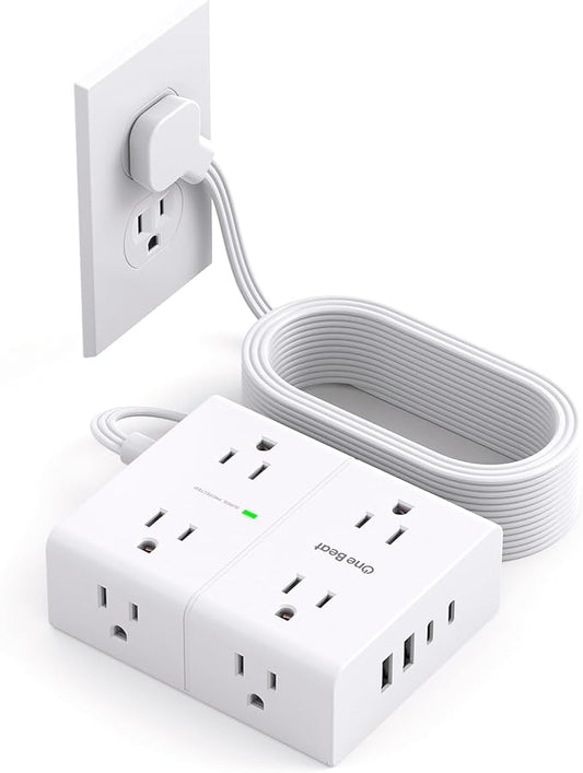 10Ft Extension Cord with Multiple Outlets, Flat Plug Surge Protector Power Strip 10 Ft Long Cord, 8 Outlets & 4 USB Ports (2 USB C), 900J Desk Charging Station for Home Office, College Dorm Essentials