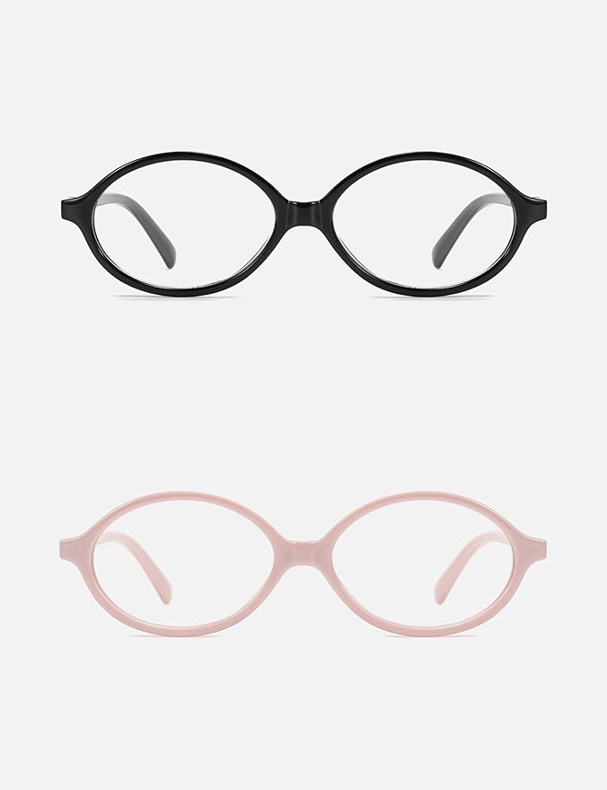 Slocyclub 2 pack Fashion Oval Glasses for Women Men Vintage Oval Small Frame Eyeglasses Retro Blue Light Blocking Glasses, Black and Pink