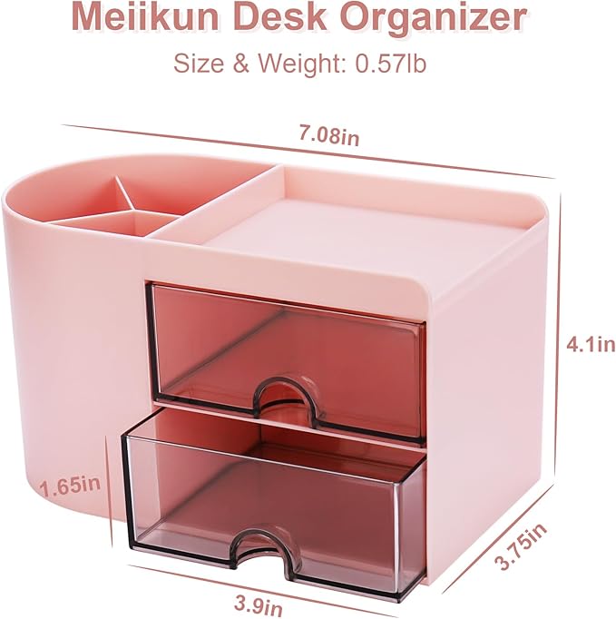 Desk Organizer with Drawer, Pen Organizer for Desk, Small Pencil Holder, Desk Organizers and Accessories for Office Home Storage (2 Drawers+4 Compartments, Pink)