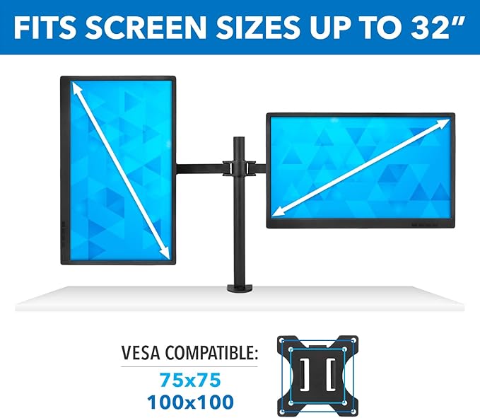 Mount-It! Dual Monitor Mount | Double Monitor Desk Stand | Interchangeable C-Clamp and Grommet Base | Two Heavy Duty Height Adjustable Arms Fit 2 Computer Screens 19 21.5 24 27 32 Inches | VESA 75 100