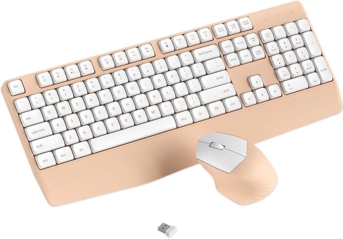 Wireless Keyboard and Mouse Combo, Ergonomic Keyboard with Wrist Rest, 2.4Ghz Wireless Connection, Compatible with PC/Laptop/Windows/Mac for Home and Office Use (White Milk Tea)