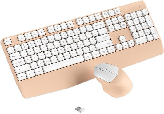Wireless Keyboard and Mouse Combo, Ergonomic Keyboard with Wrist Rest, 2.4Ghz Wireless Connection, Compatible with PC/Laptop/Windows/Mac for Home and Office Use (White Milk Tea)