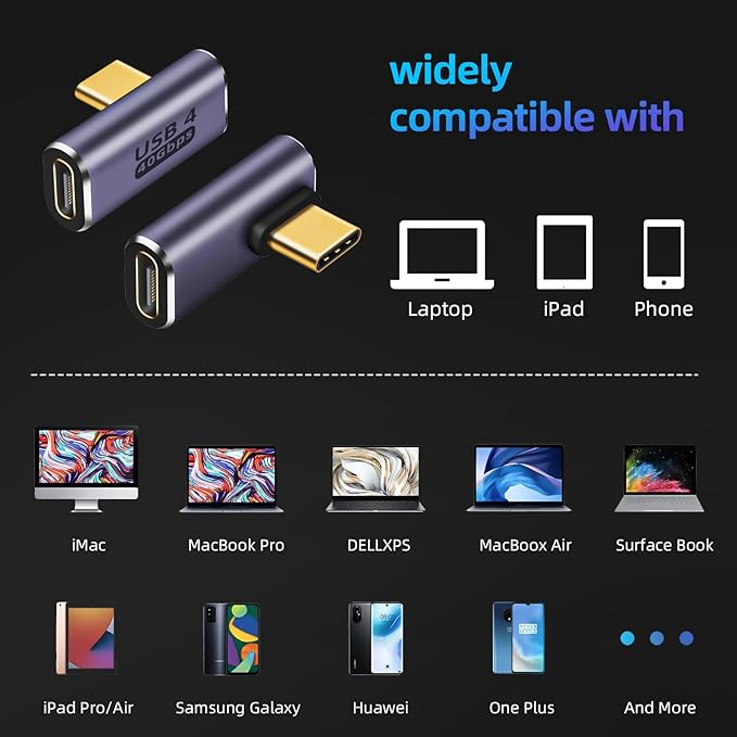 90°Right Angle USB C Male to USB C Female Adapter 2 Pack, 40Gbps USB Type C Thunderbolt 4/3 Extender for MacBook,iPad,Tablet,Phones (90 Degree Right Angle)