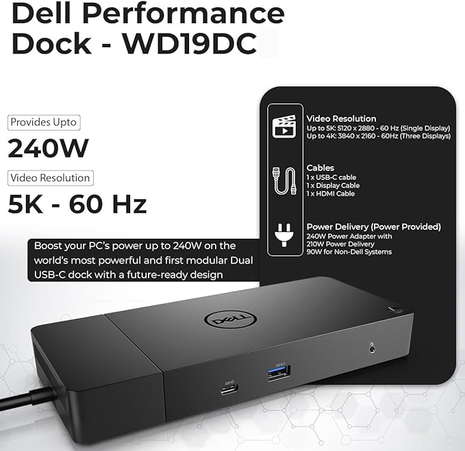 Dell WD19DC Performance Docking Station USB-C with 240W Power Adapter (210W Power Delivery) + HDMI Cable + Display Port Cable + USB-C Cable + Microfiber Cloth Included (Renewed)