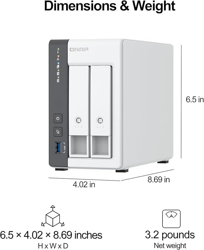 QNAP TS-216G-US - The Most Affordable 2-Bay 2.5GbE Desktop NAS, Equipped with ARM Cortex-A55 Quad-Core CPU, Built-in NPU and 4GB DDR4 RAM (Diskless)