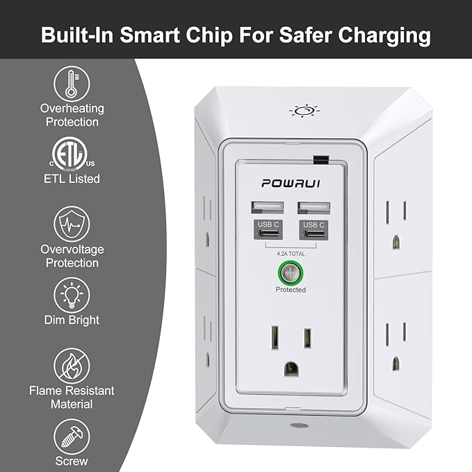 3-Sided Outlet Extender with Night Light - POWRUI Multi Plug Outlet with 5 Outlets and 4 USB Ports(2 USB-C), USB Wall Charger for Home, Office, Travel, ETL Listed, White