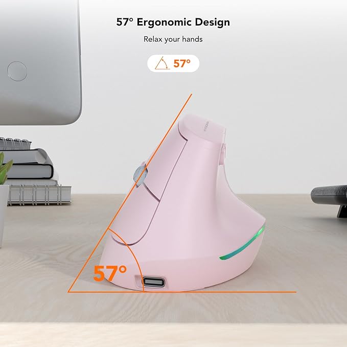 KYSONA Wireless Ergonomic Mouse, Vertical Mouse, Bluetooth Ergo Mouse, Quiet Click, 5 Level Adjustable DPI(800/1200/2400/2400/4000), Rechargeable 2.4G Mice Computer, PC, Mac, Laptop, Pink