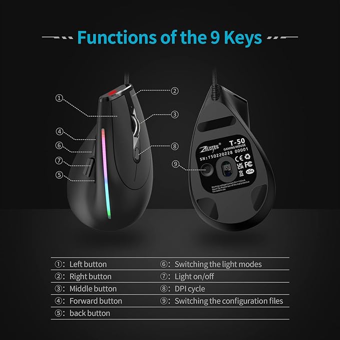 zelotes Wired Vertical Gaming Mouse,Ergonomic Design USB LED Optical Mouse with 9 Buttons and 4 Adjustable Sensitivity 1000/1600/2400/3200/4800/12800 DPI for Computer,Black… (T50Wired)