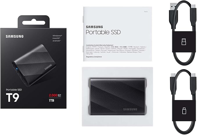 Samsung T9 Portable SSD 1TB, USB 3.2 Gen 2x2 External Solid State Drive, Seq. Read Speeds Up to 2,000MB/s for Gaming, Students and Professionals, MU-PG1T0B/AM, Black