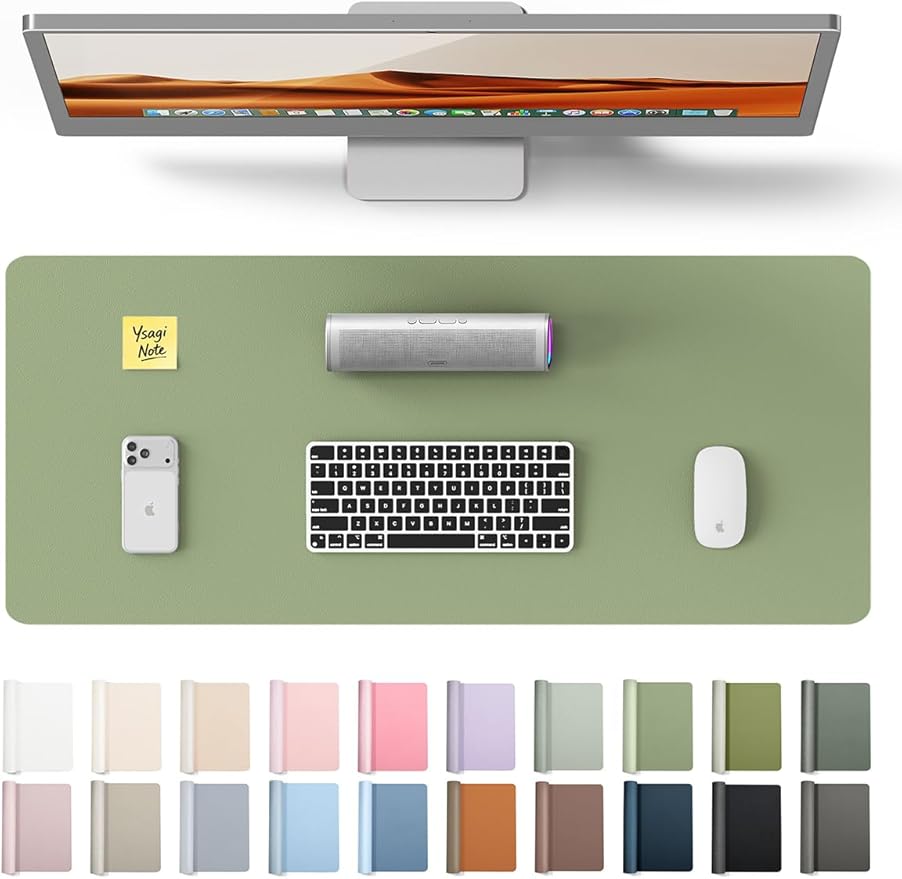 YSAGi Leather Desk Pad Protector, Office Desk Mat, Large Mouse Pad, Non-Slip PU Leather Desk Blotter, Laptop Desk Pad, Waterproof Desk Writing Pad for Office and Home (Bamboo Green, 23.6" x 13.8")