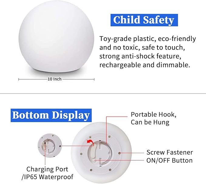 Borelor LED Ball Light, 10-Inch Rechargeable & Remote Control Globe Lights 16 RGB Colors Changing Indoor/Outdoor Night Light for Home/Party/Lawn/Desk Decoration