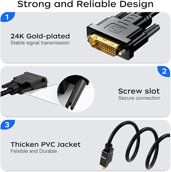 HDMI A to DVI Adapter Cable 6ft, Bi-Directional 1080 DVI-D to HDMI Cable Male to Male, High-Speed Gold-Plated for Raspberry Pi, Roku, X-Box One, PS3/4/5, Graphics Card