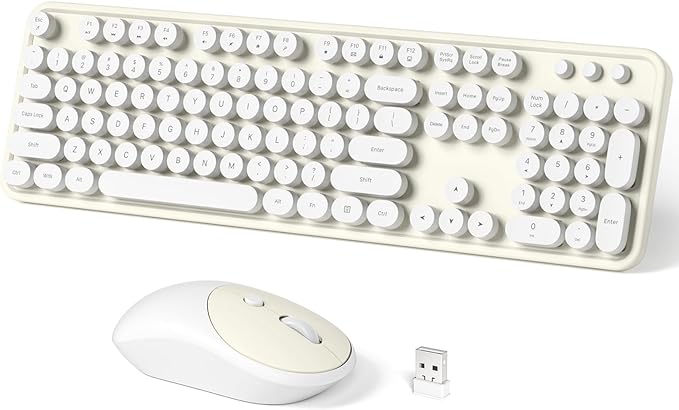 Wireless Keyboard and Mouse Combo, 104 Keys Full-Sized Typewriter Keyboards, 2.4 GHz USB Receiver Plug and Play, for Windows, PC, Laptop, Desktop (Cremy White)