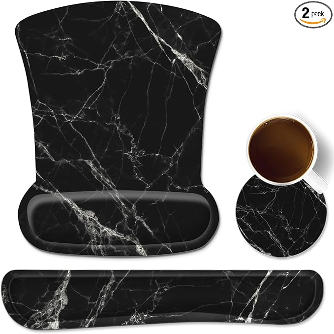 Ergonomic Mouse Pad with Wrist Rest Support and Keyboard Wrist Rest Set with Coaster, Cute Wrist Pad with Non-Slip Rubber Base and Raised Memory Foam, Easy Typing & Pain Relief, Black White Marble