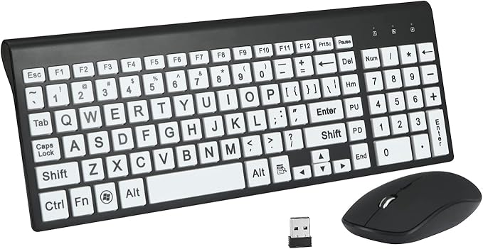 Full Size Large Print 2.4g Wireless Keyboard and Mouse with Oversized Print for Visually Impaired Low Vision Individuals (Black)