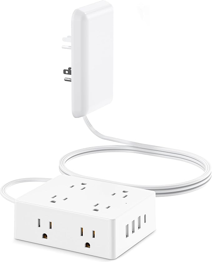 Flat Extension Cord with Outlet Cover, Olcorife Flat Plug Power Strip with 8 Outlets and 4 USB Ports, 2000 Joules Surge Protector, 10 FT Cord Hidden Outlet Extender for Tight Spaces