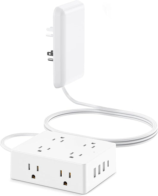 Flat Extension Cord with Outlet Cover, Olcorife Flat Plug Power Strip with 8 Outlets and 4 USB Ports, 2000 Joules Surge Protector, 3 FT Cord Hidden Outlet Extender for Tight Spaces