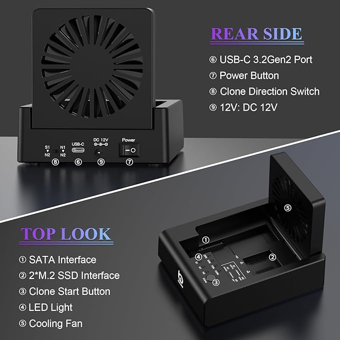 M.2 NVMe & SATA Hard Drive Docking Station, USB C 10Gbps Hard Drive cloner for M.2 PCIe NVMe + SATA 2.5”/3.5” HDD Converter, Offline Cloning, Tool-Free, Cooling Fan