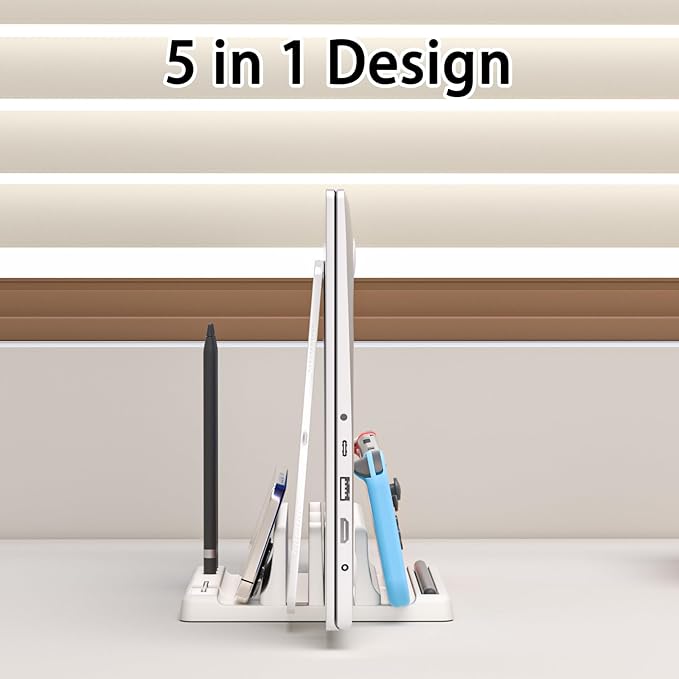 Vertical Laptop Stand Holder - Adjustable ABS Plastic Laptop Holder Vertical, Space-Saving 4 in 1 Compatible with All MacBook Pro Air, Mac, HP, Dell, Microsoft Surface (White)