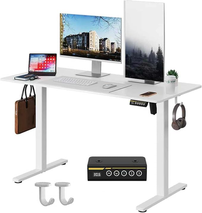 Electric Standing Desk,48x24 Inches Adjustable Height Stand up Desk, Sit Stand Home Office Desk with Splice Board, 3 Preset Heights,Equipped with Hooks,Ergonomic Computer Desk Workstation，White