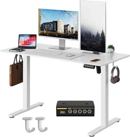 Electric Standing Desk,48x24 Inches Adjustable Height Stand up Desk, Sit Stand Home Office Desk with Splice Board, 3 Preset Heights,Equipped with Hooks,Ergonomic Computer Desk Workstation，White