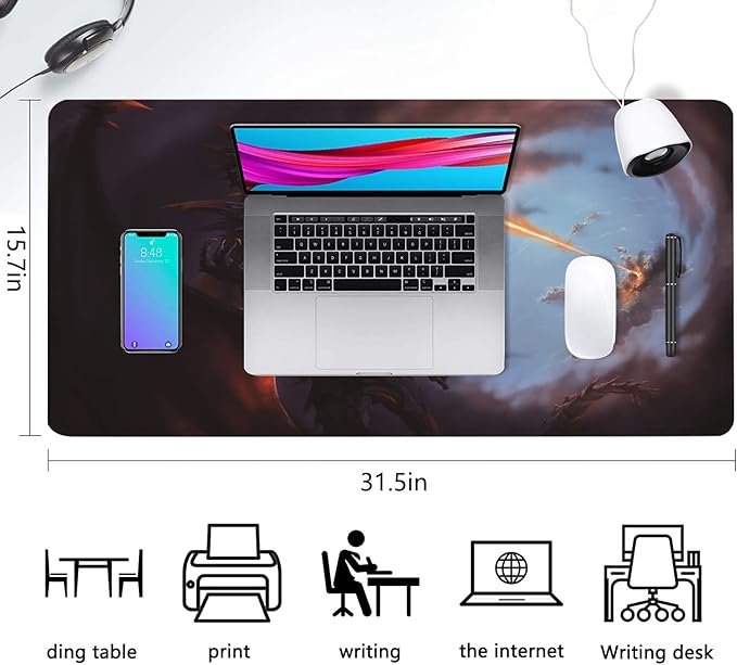Extended Large Gaming Mouse Pad Cool Dragon Flame XXL Size Keyboard Mouse Mat Desk Pad with Non Slip Rubber Base Stitched Edges Office Decor for Women Girls Men,35.4 x 15.7inch