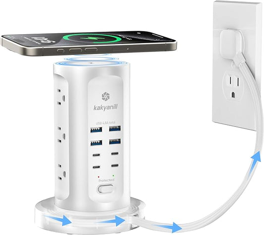 30W USB Charging Station, Surge Protector Power Strip Tower, 9 AC Outlets with 8 USB Ports(4 USB-C), 6Ft Flat Plug Retractable Extension Cord, for Home Office Dorm, White