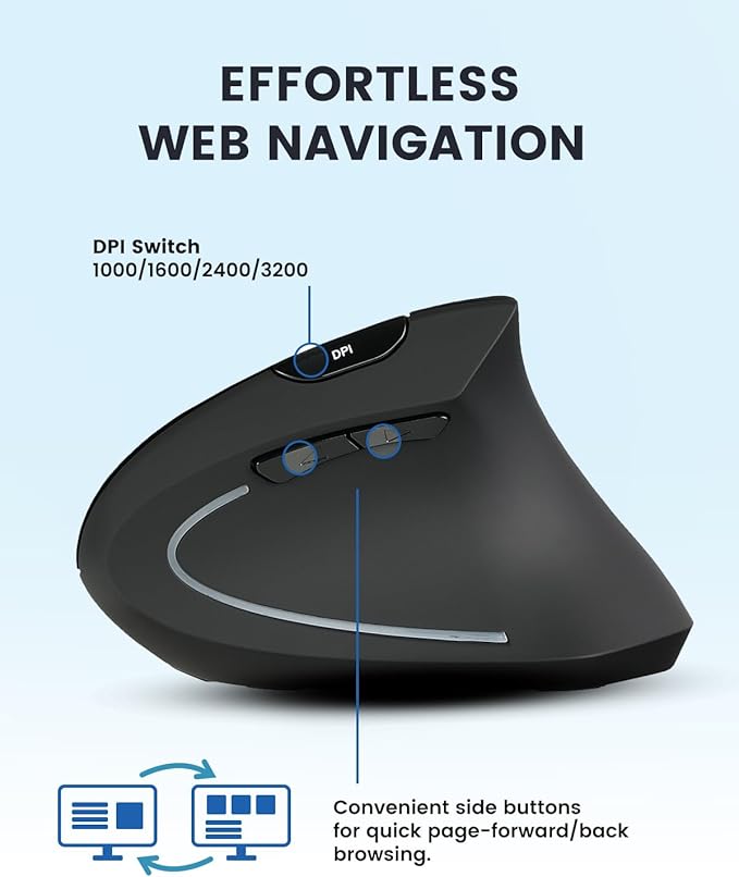 Perixx PERIMICE-813RX Wireless Rechargeable Vertical Mouse - Multi-Device spec - Duo Wired and Wireless Charging Feature -The Included Charger Compatible with iPhone, AirPods, and AirPods Pro