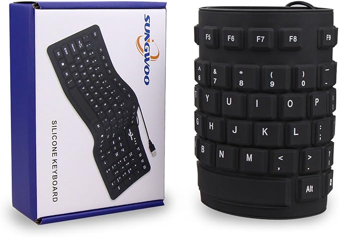 Sungwoo Foldable Silicone USB Wired Standard Waterproof Rollup Keyboard for PC Notebook Laptop, Full Size (Black)